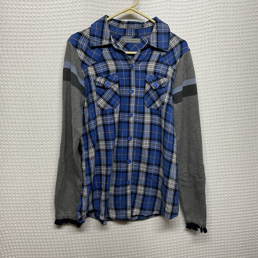 Kim's Kreations Custom Designed Shirt Women's Medium Blue Plaid Mixed Media Boho